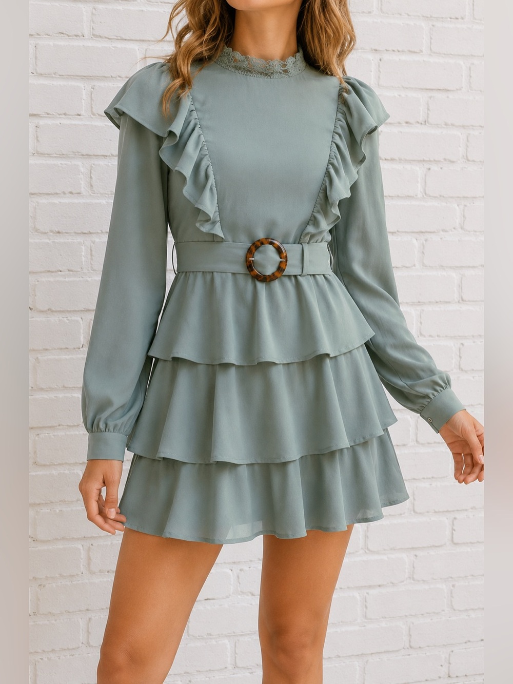 The Clothing Company Sage Green Ruffle Tiered Mini Dress Lace Collar S